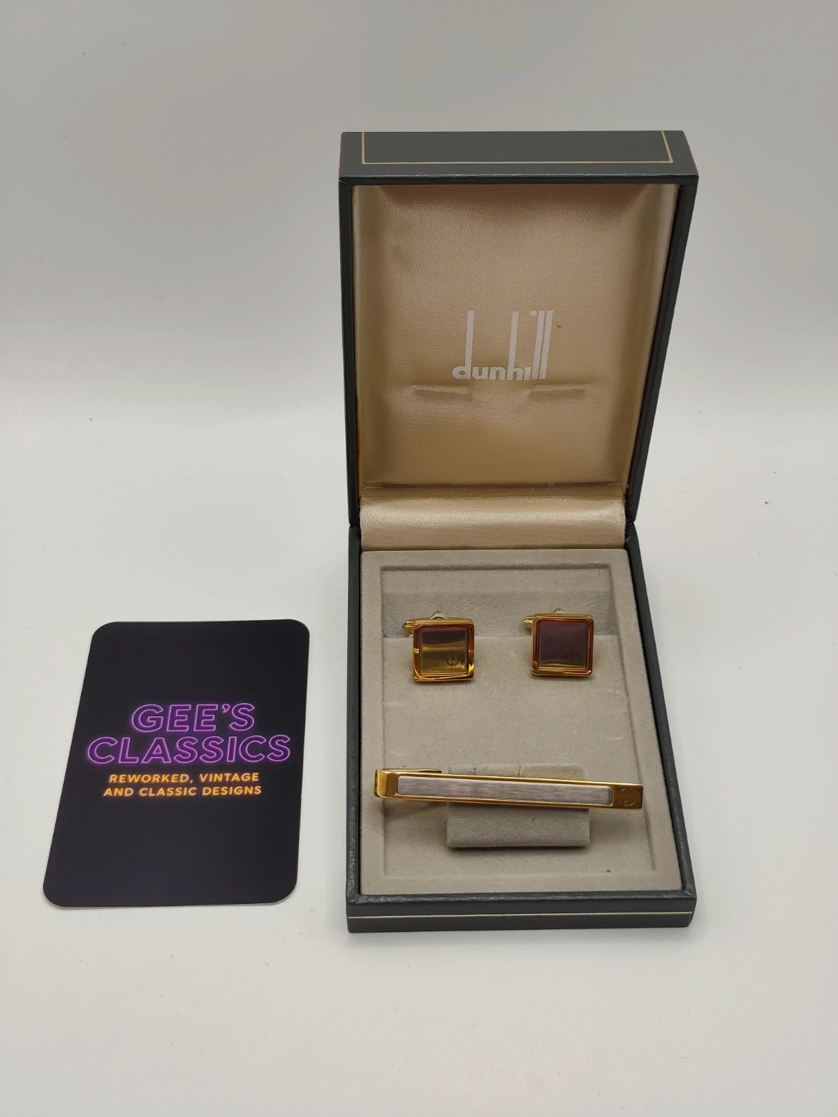 Vintage Dunhill Two Tone Square Cufflinks and Tie Clip Set with Original Box