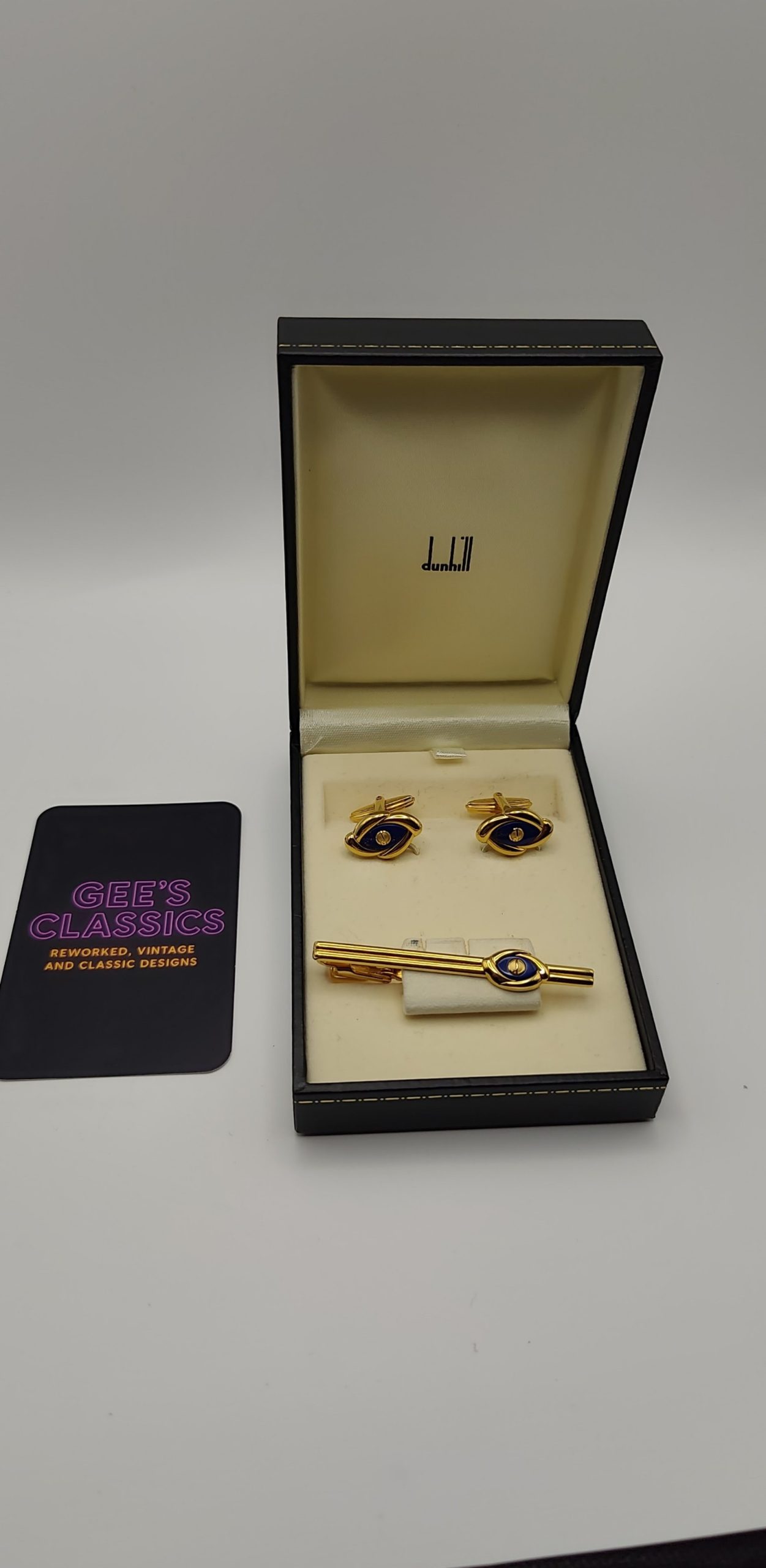 Dunhill Gold & Blue Eye Motif Cufflinks & Tie Clip Set