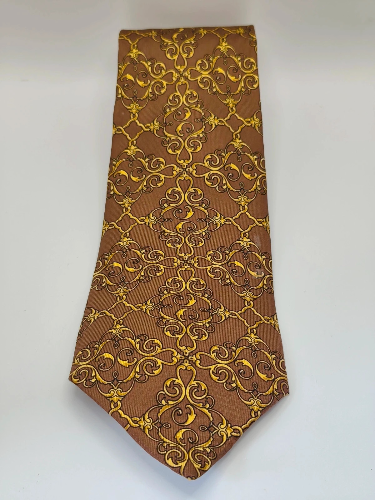 Christian Dior Monsieur 1980's Vintage Silk Tie Baroque Pattern Brown Gold France