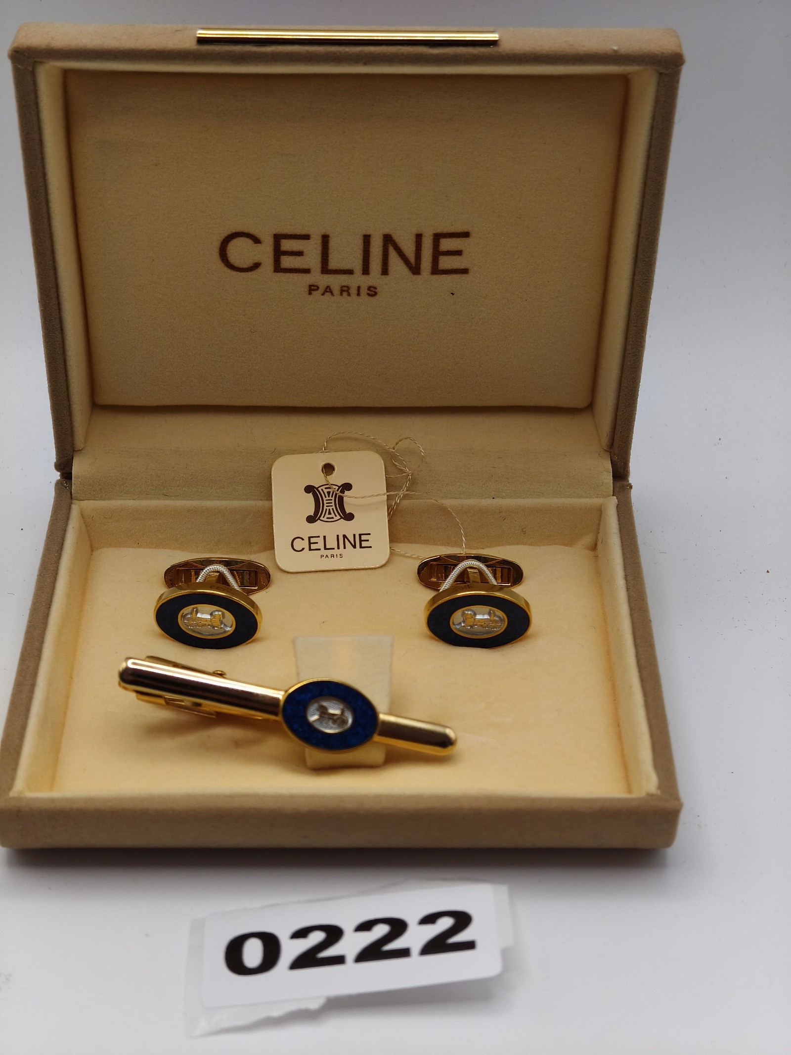 Celine Men's Gold & Blue Enamel Cufflinks & Tie Clip Set