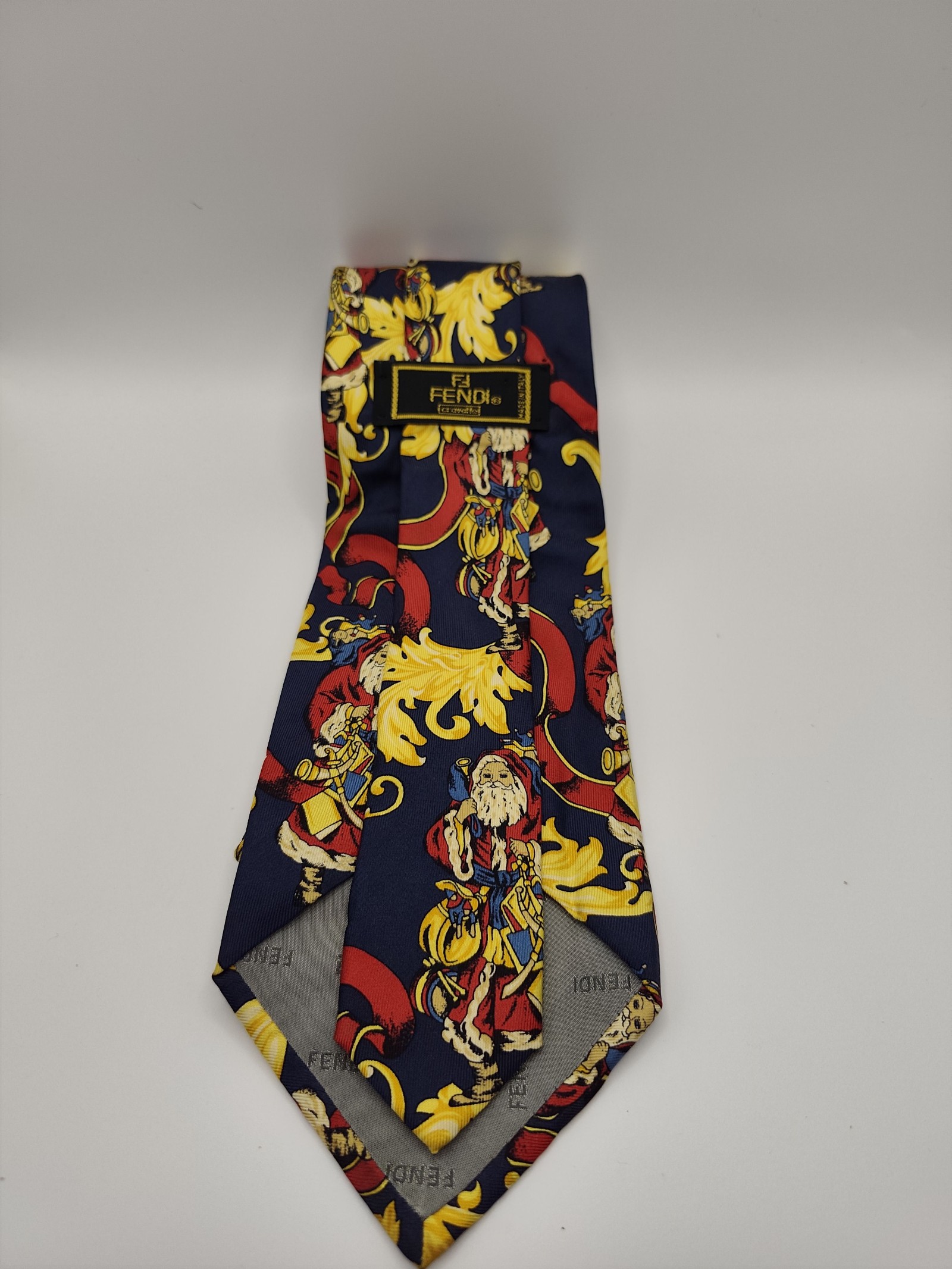Fendi Navy, Yellow & Red Santa Print Silk Tie One Size