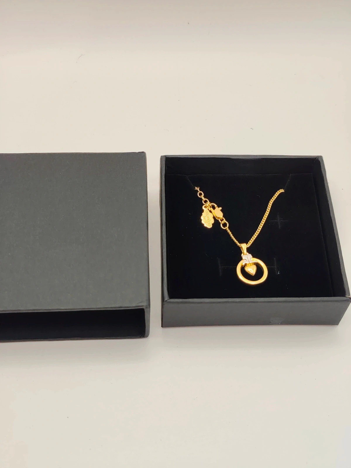 Vintage Courreges Paris 1980s Two Tone Gold Silver Heart Circle Pendant Necklace
