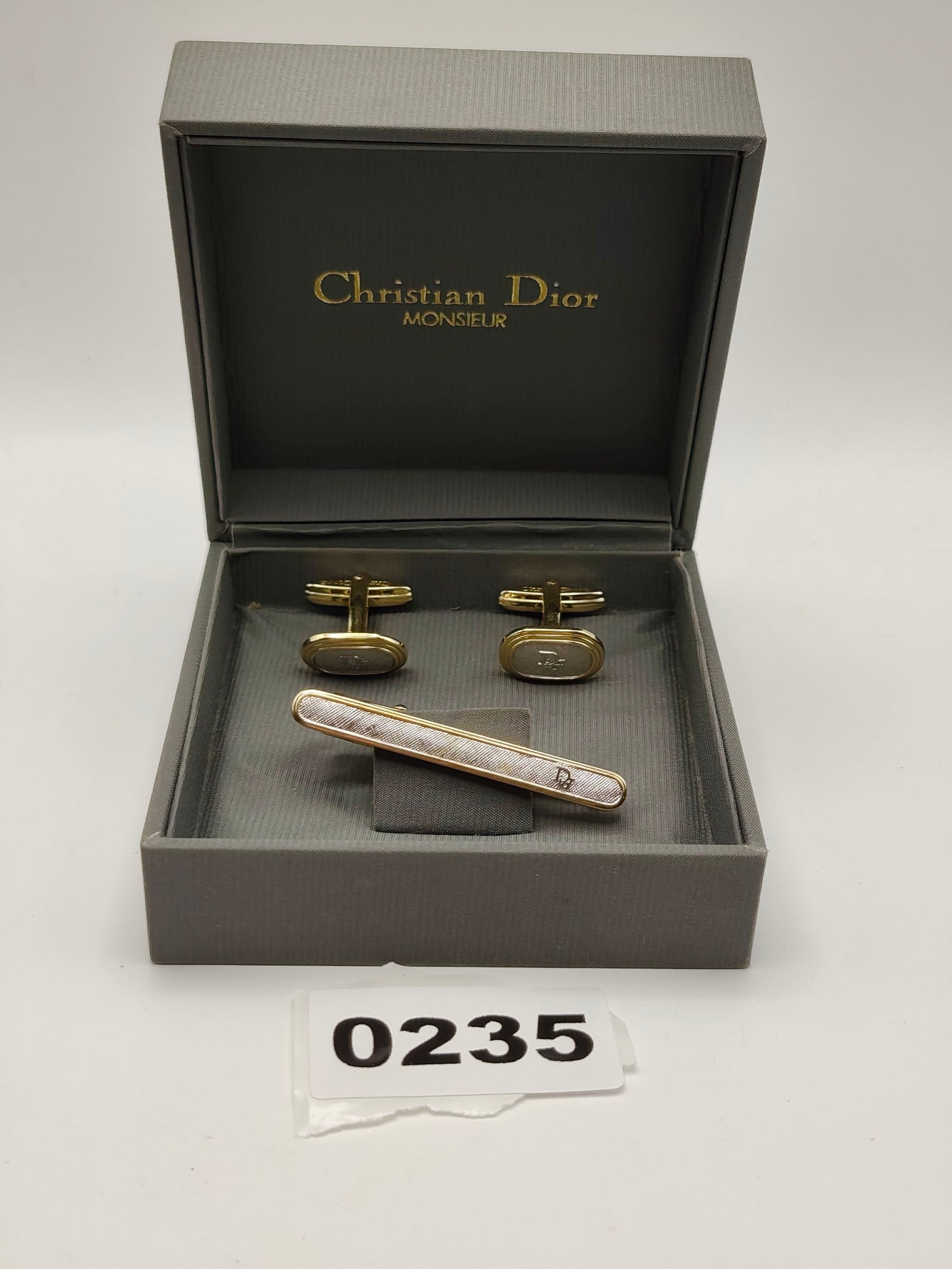 Christian Dior Men Gold & Silver Cufflinks & Tie Bar Set