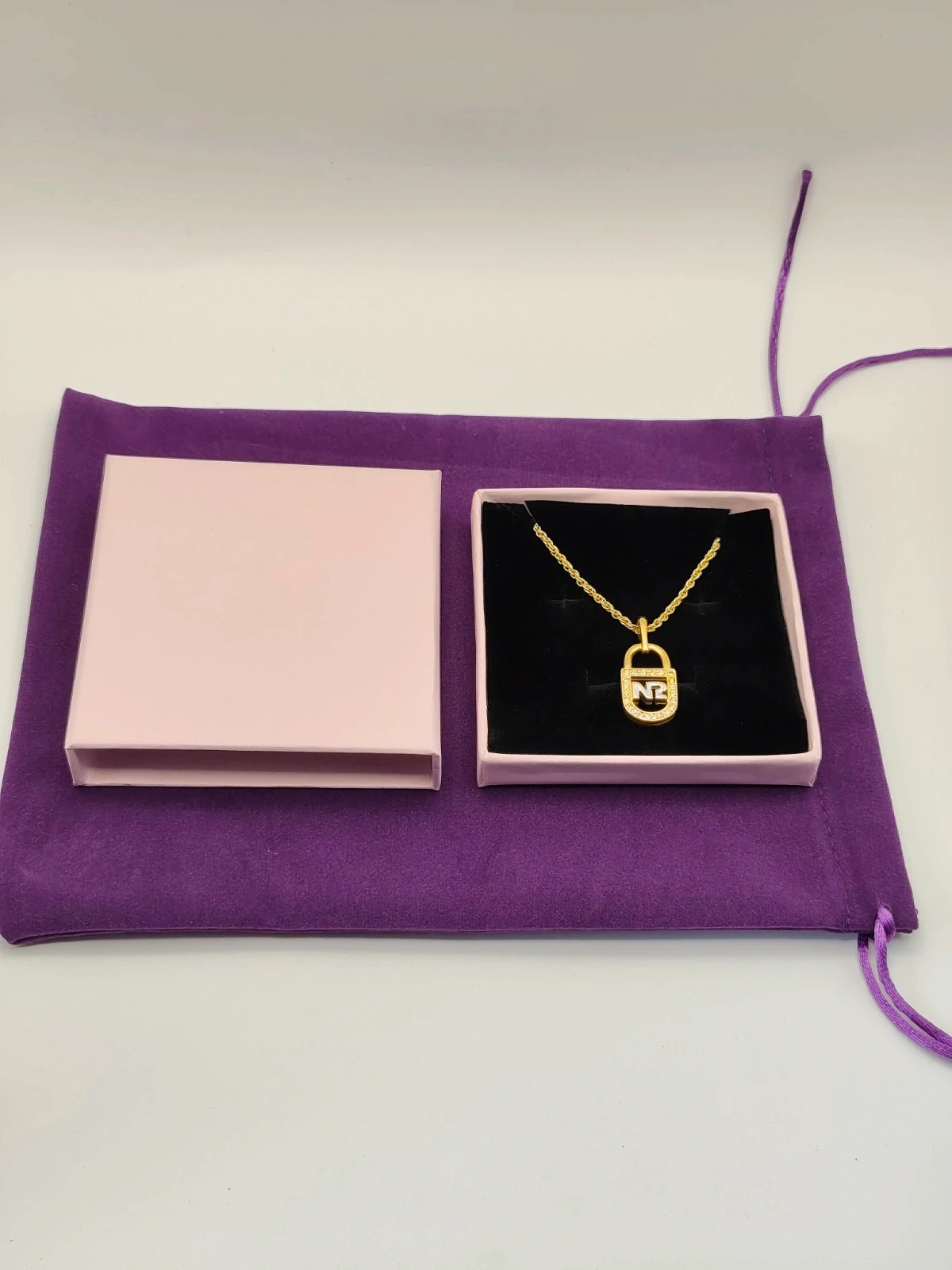 Vintage Nina Ricci Logo Padlock Pendant Necklace Gold Tone Rhinestone NR