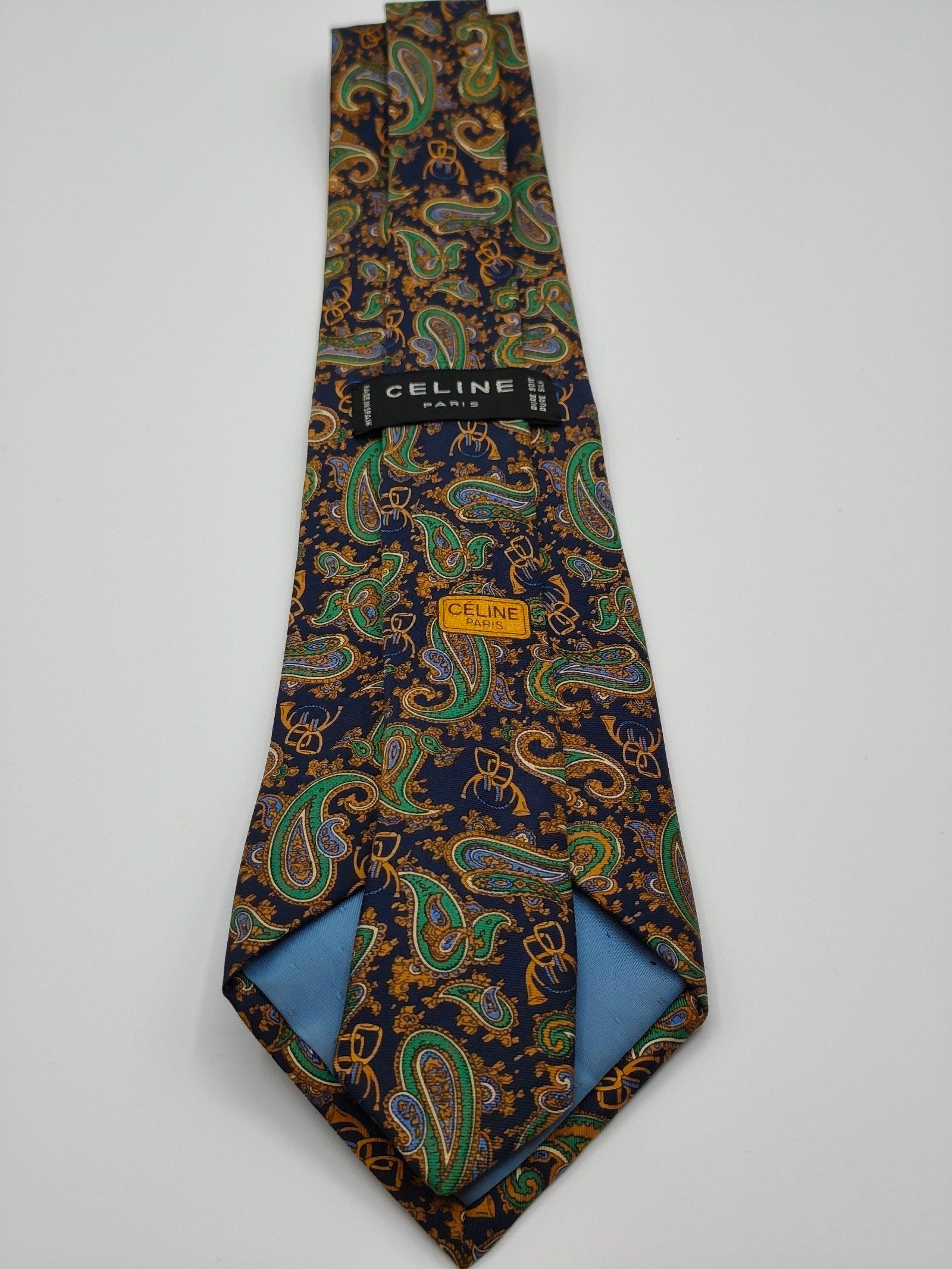 Celine Men Green & Blue Paisley Pure Silk Tie