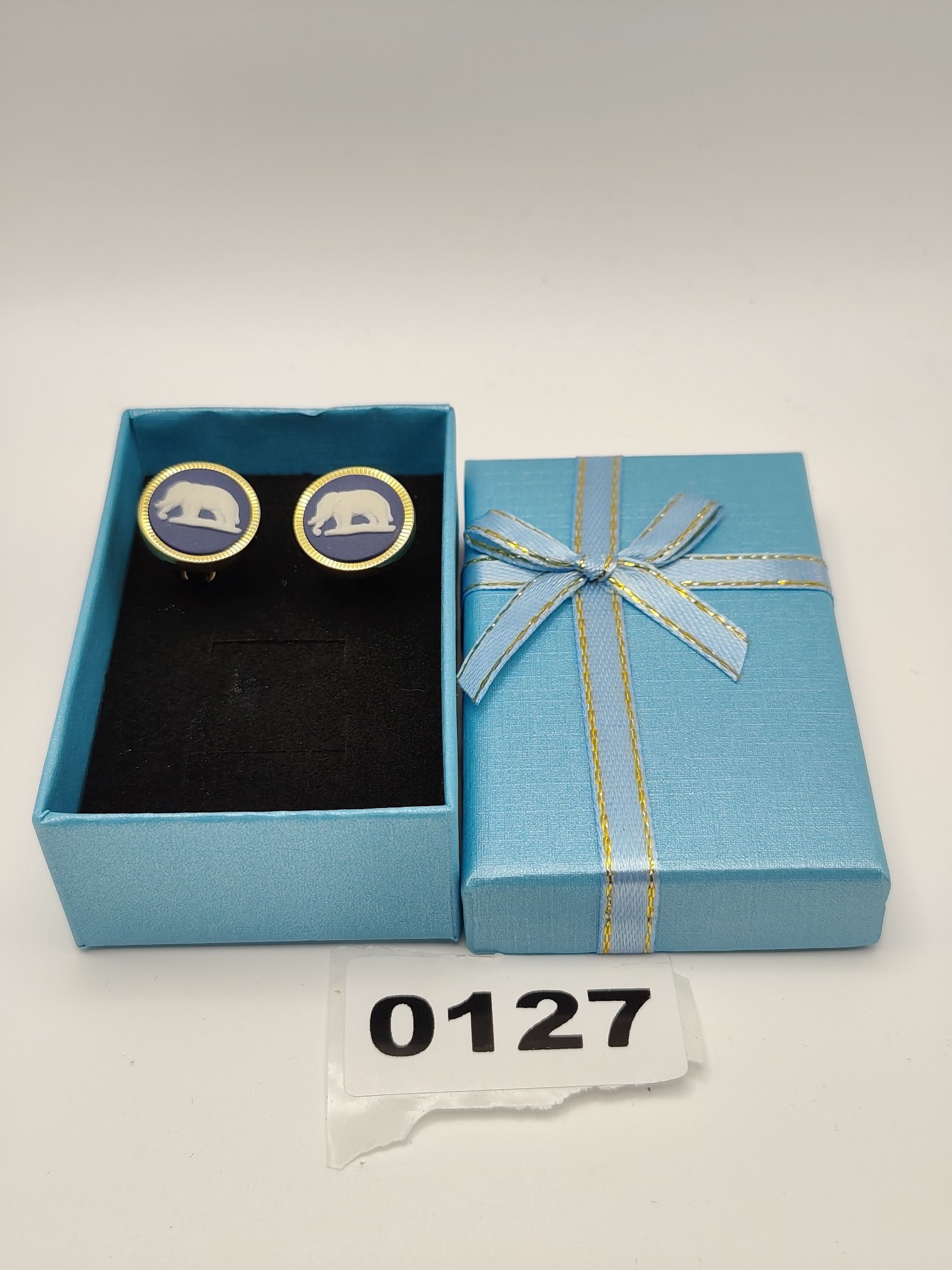 Wedgwood Blue & White Elephant Jasperware Gold Tone Cufflinks Men Other