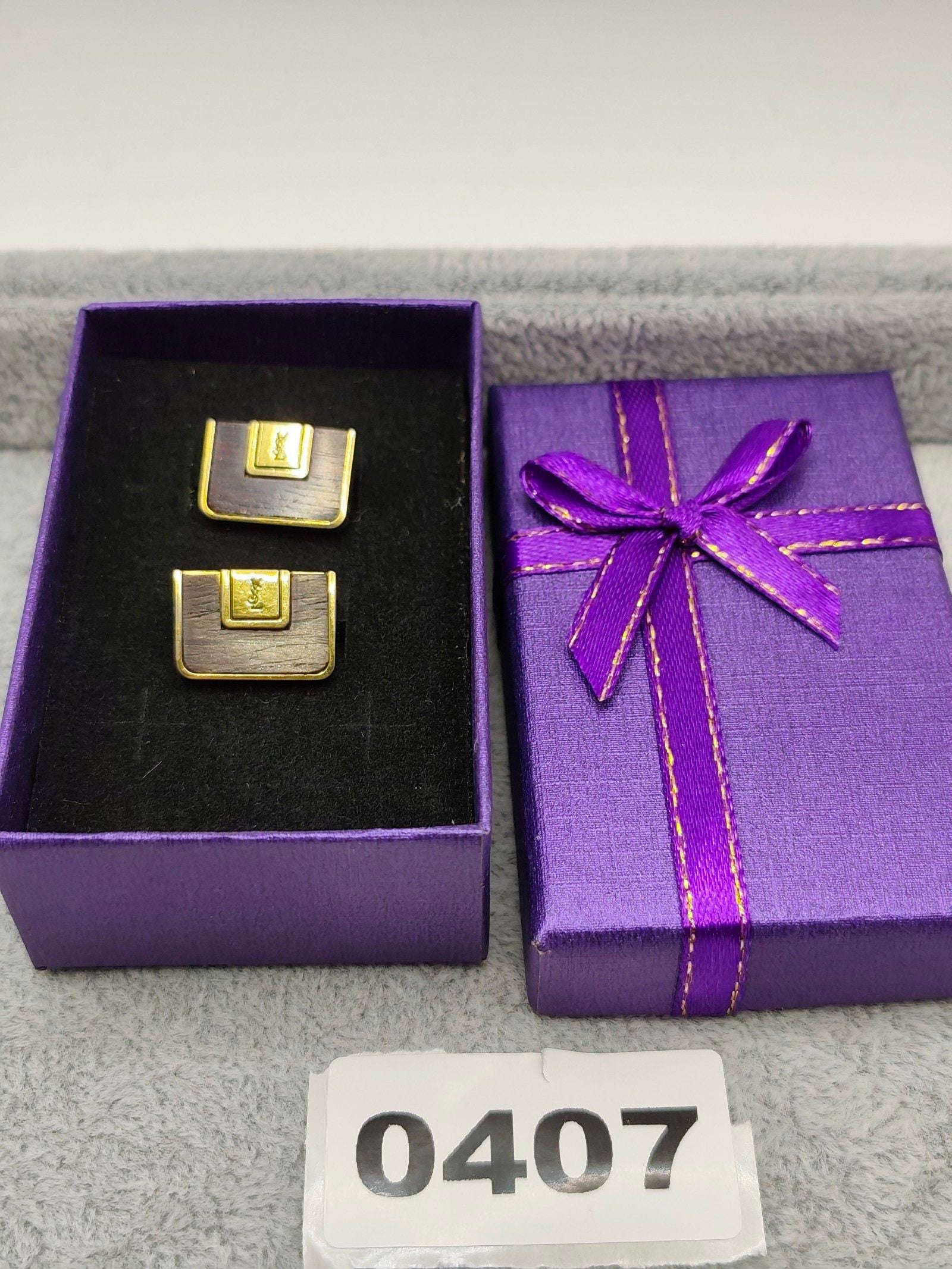 Yves Saint Laurent Brown Wood Gold Tone Logo Men's Cufflinks