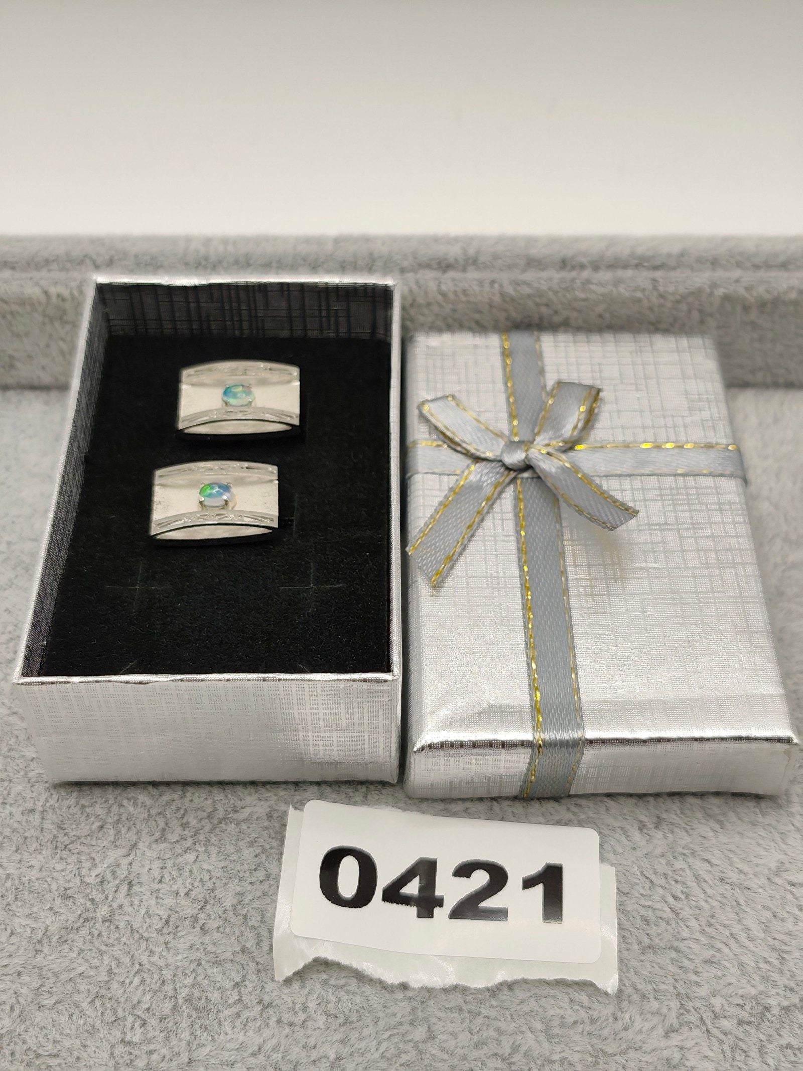 Silver Tone & Blue Opal Men's Rectangular Cufflinks