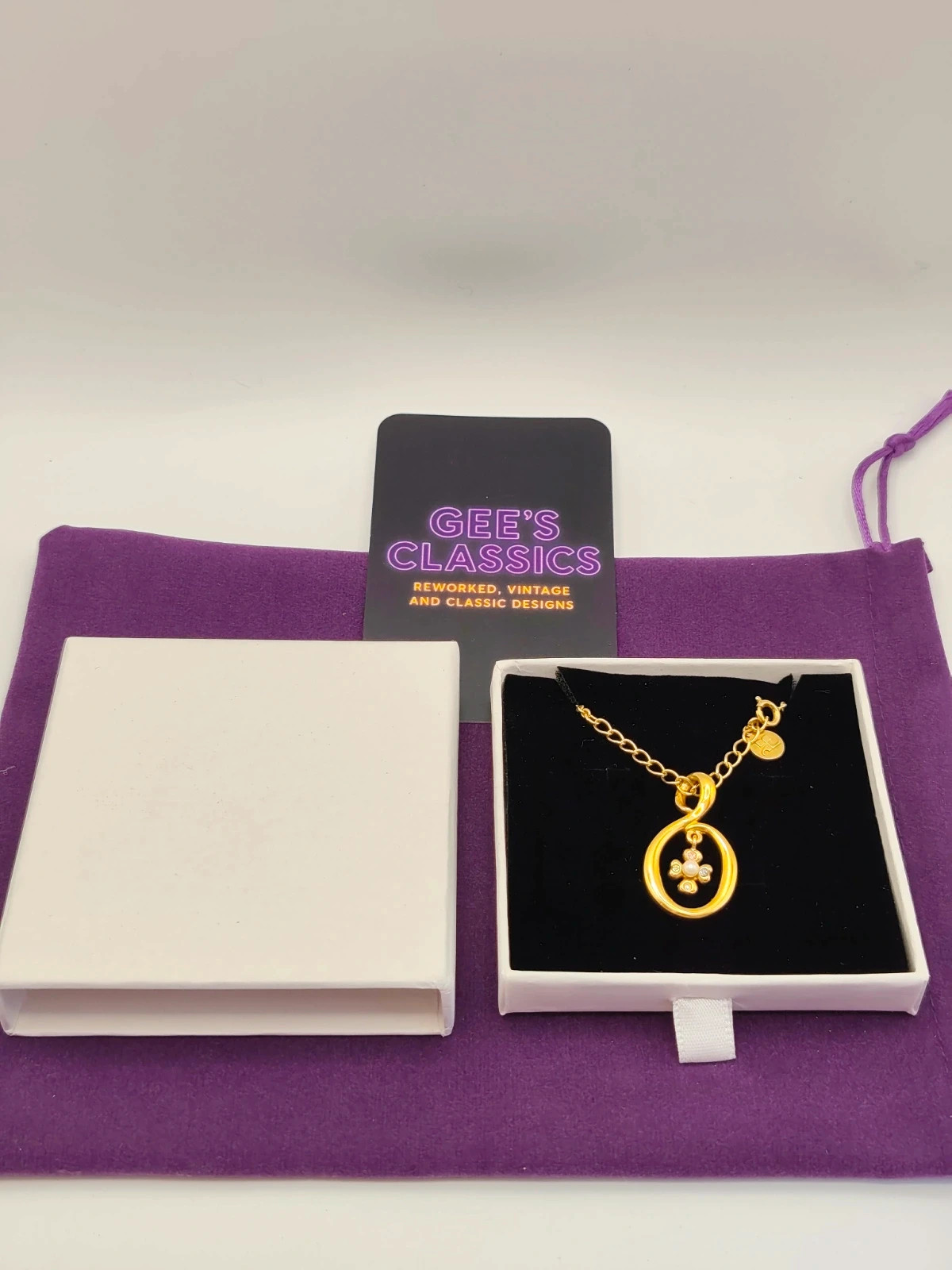Vintage Courreges Paris Gold Plated Clover Pearl Crystal Necklace Boxed