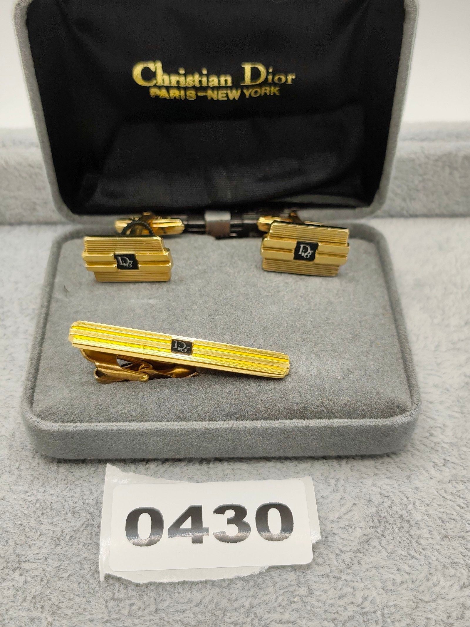 Christian Dior Gold & Black Cufflinks & Tie Clip Set Other