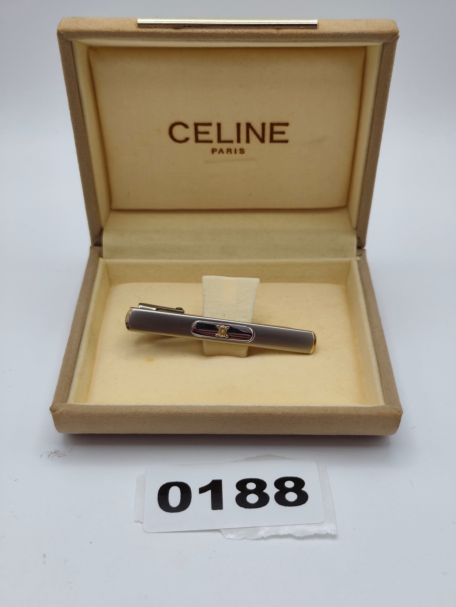 Celine Men's Silver & Gold Tone Tie Clip with Grey Enamel