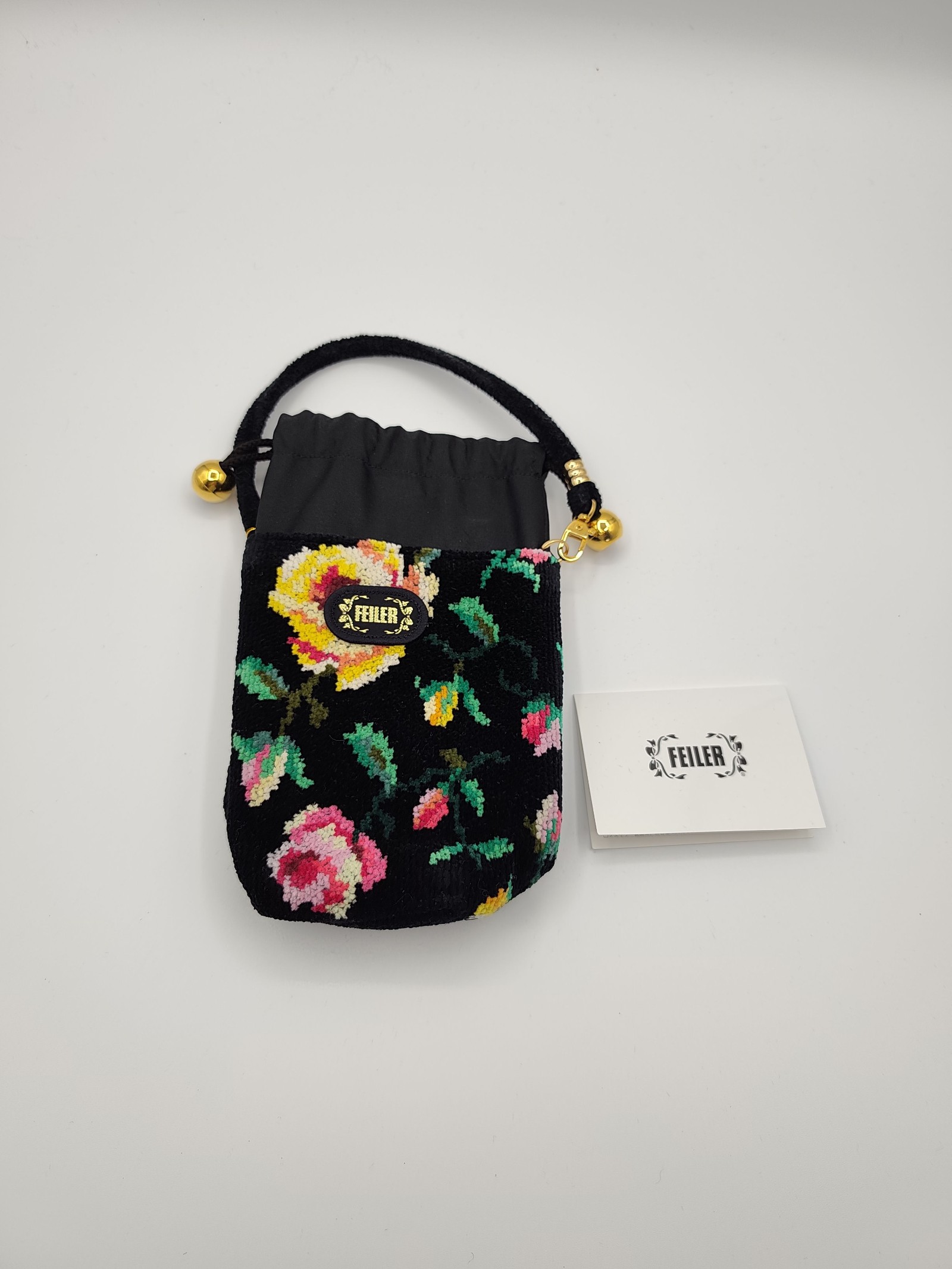 Feiler Black Floral Velvet Wristlet Bag with Gold Detail Other