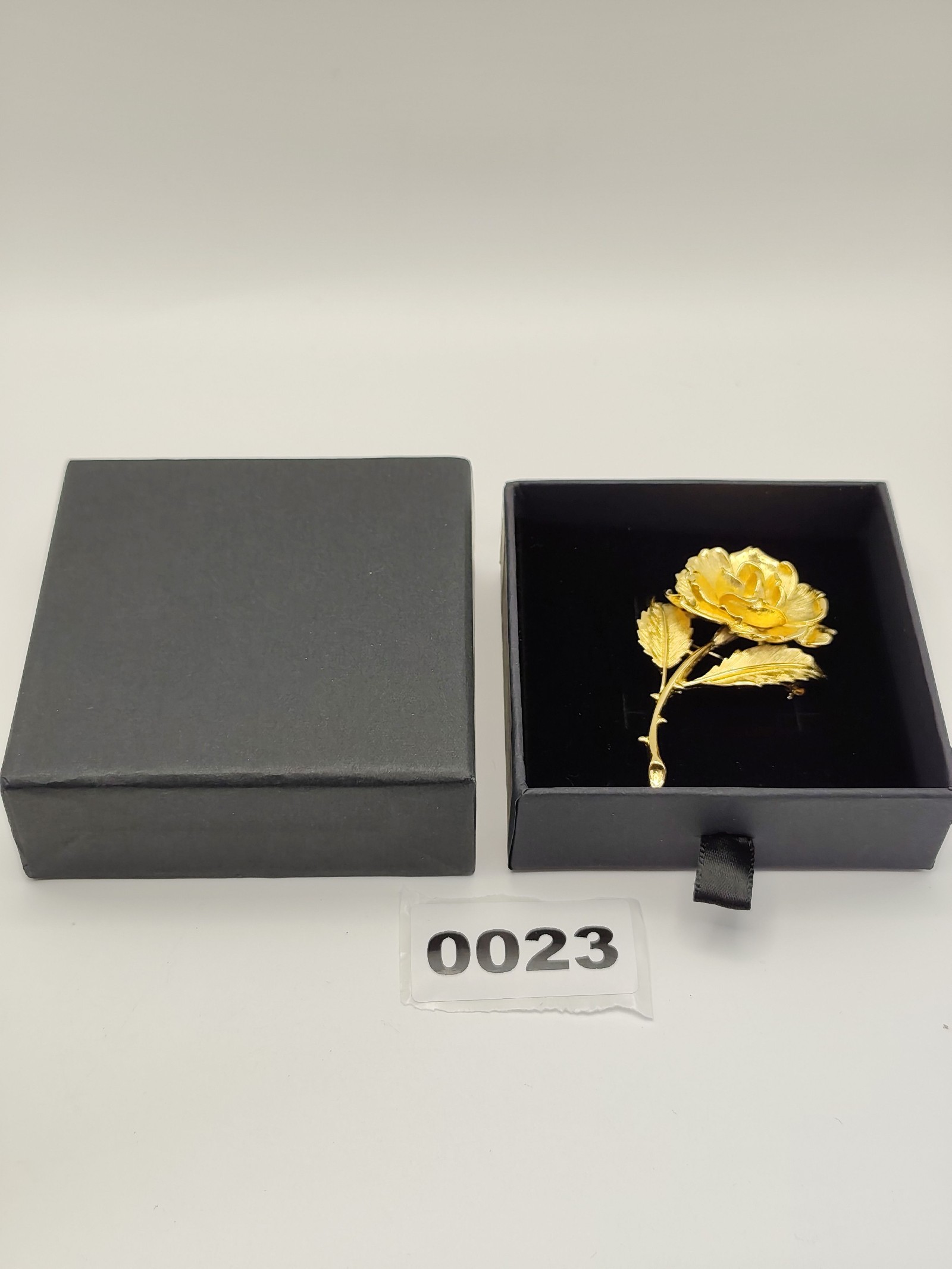 Monet Gold Tone Rose Flower Brooch Pin with Black Box