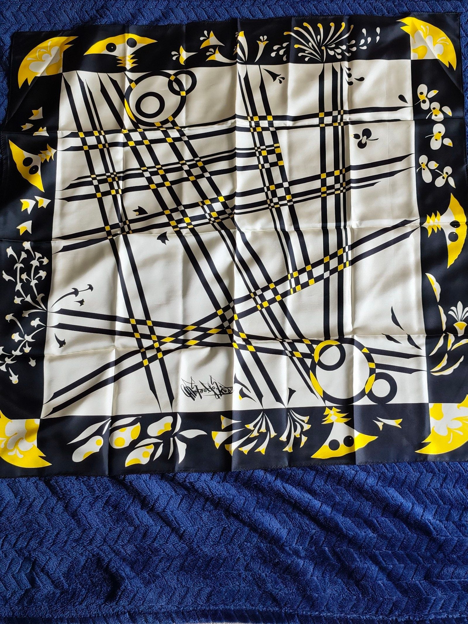 Women's Black, White & Yellow Floral Square Silk Scarf Other