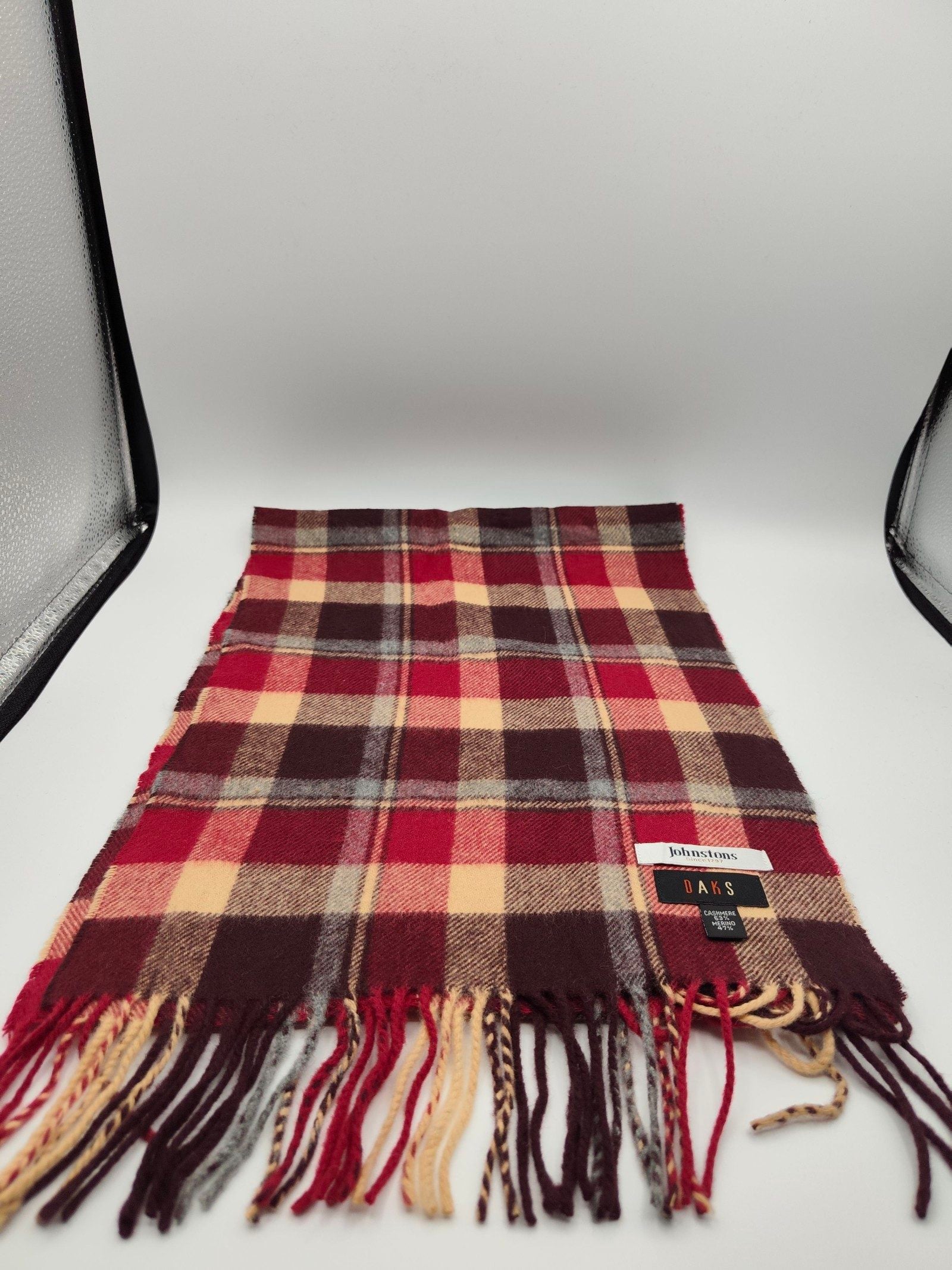 Johnstons DAKS Red, Brown & Cream Cashmere Merino Blend Unisex Scarf Other