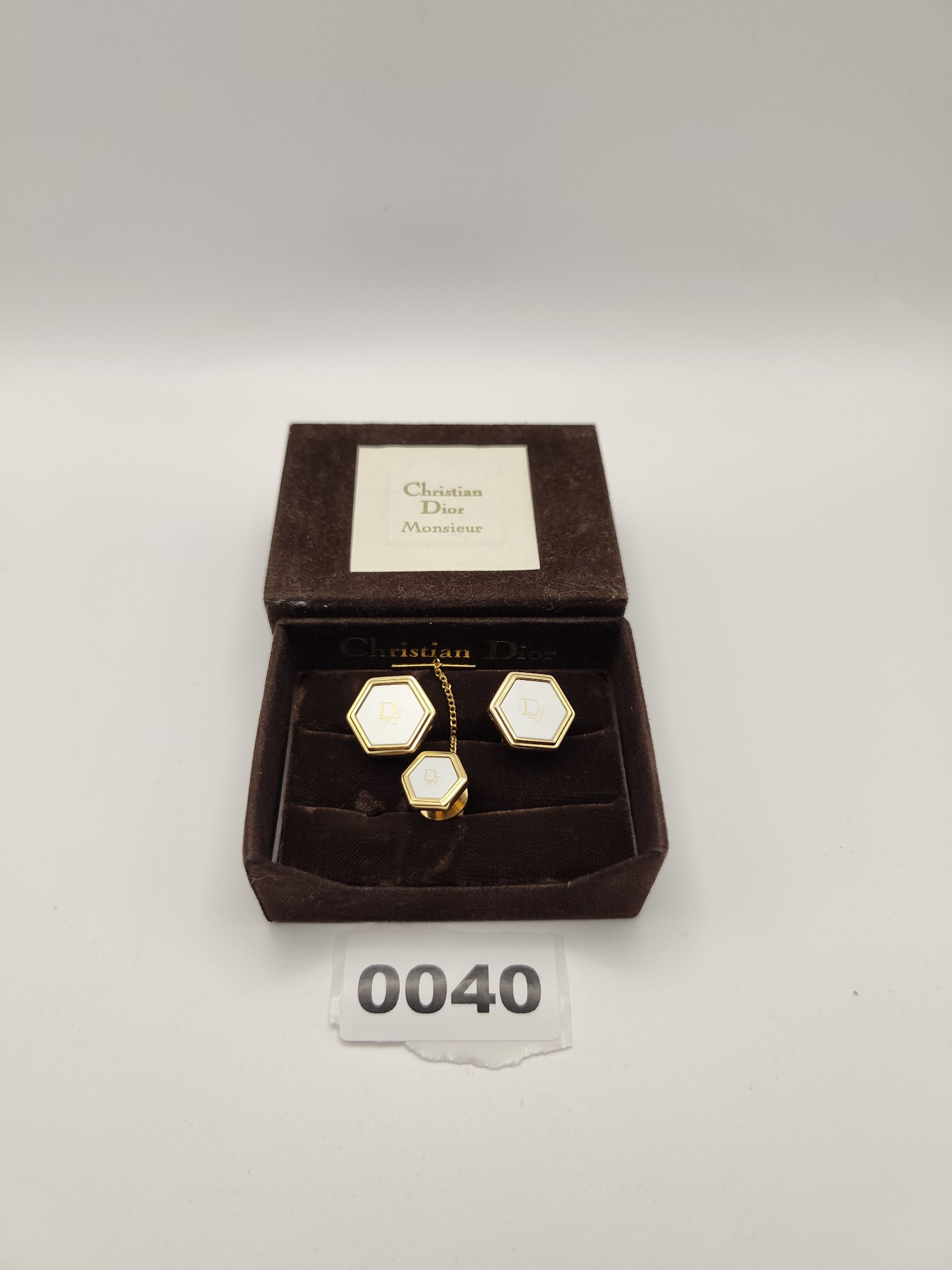 Christian Dior Gold & White Hexagon Cufflinks & Tie Clip Set Other