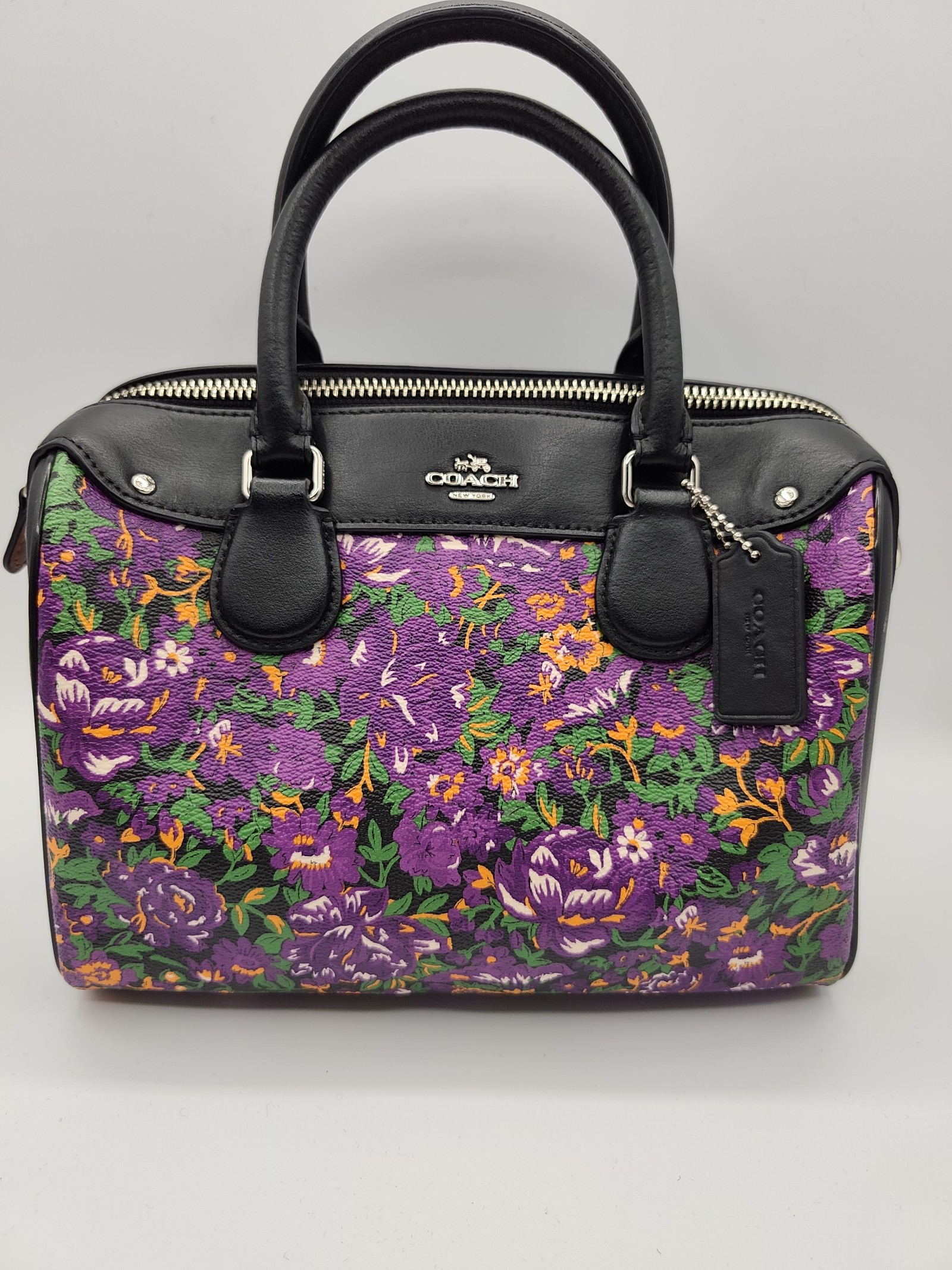 Coach Purple & Black Floral Leather Satchel Bag