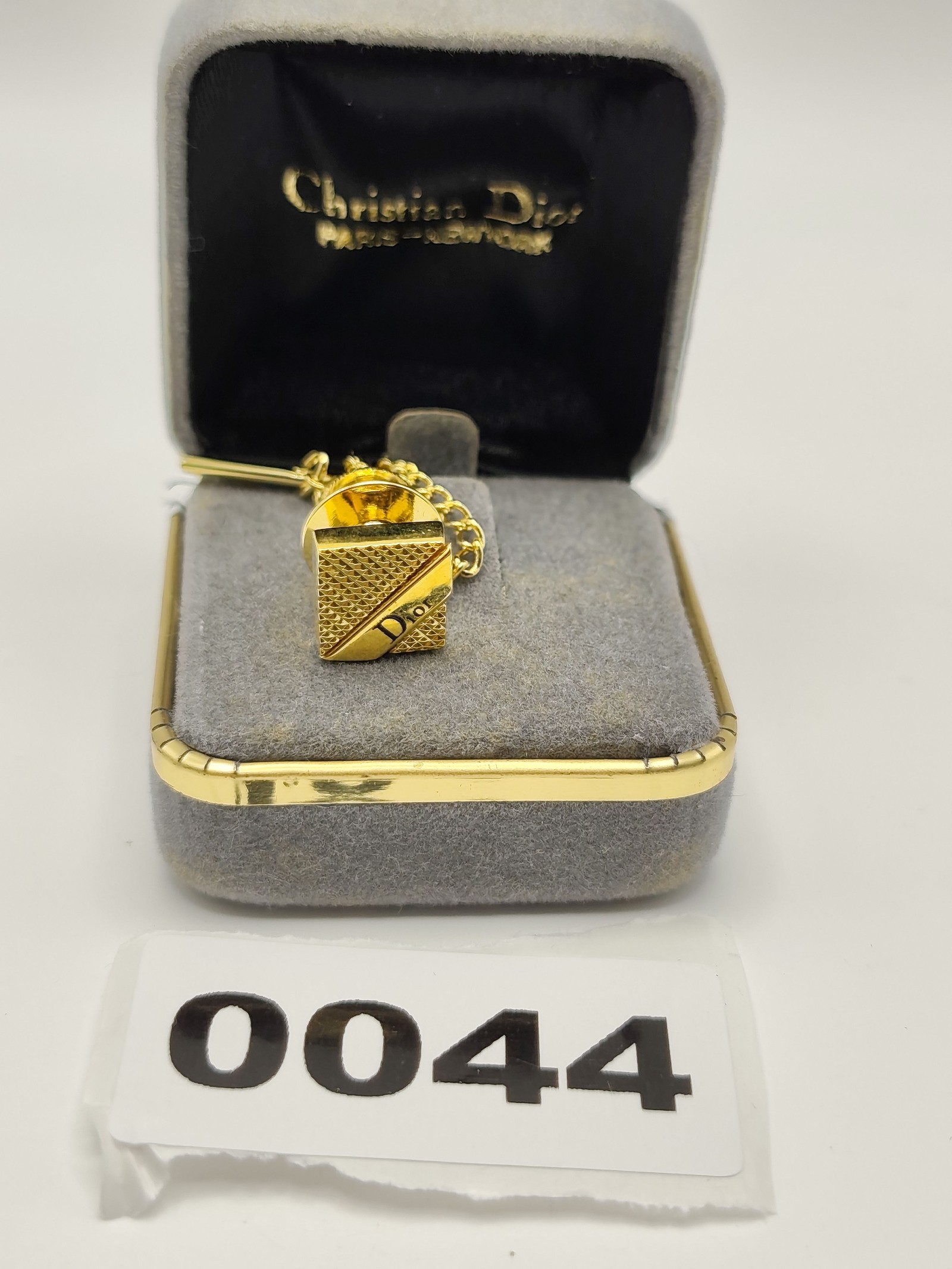 Christian Dior Gold Tone Tie Pin with Chain and Box