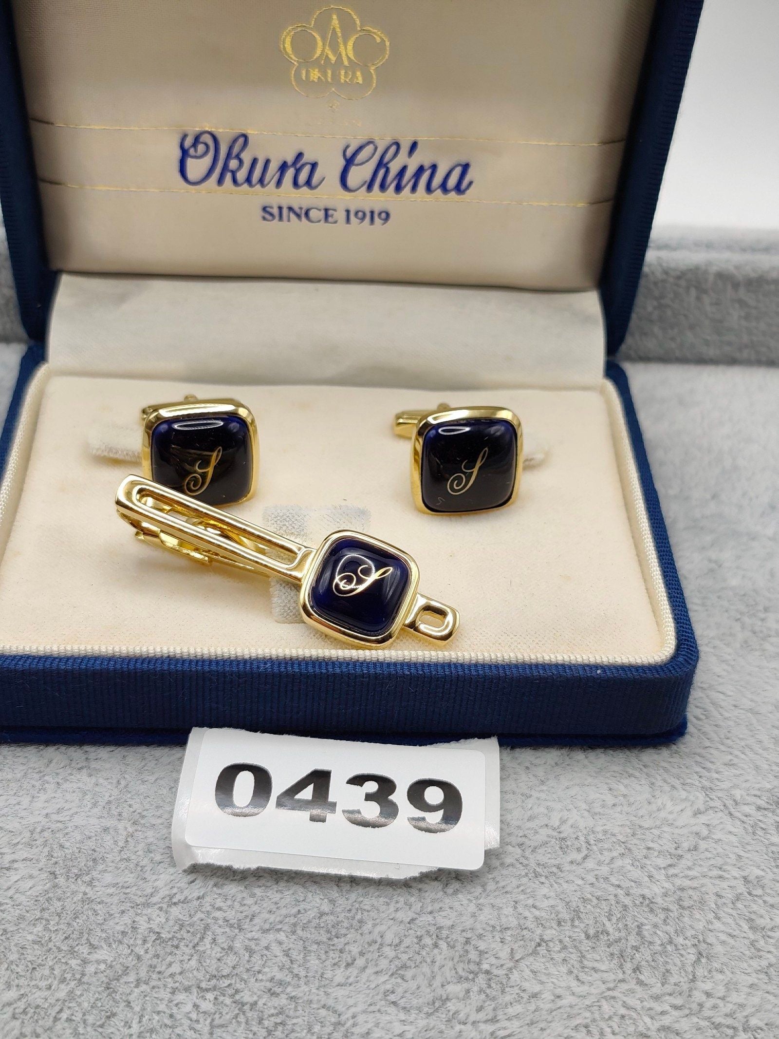 Okura China Gold & Navy Blue Men's Cufflinks & Tie Clip Set Other