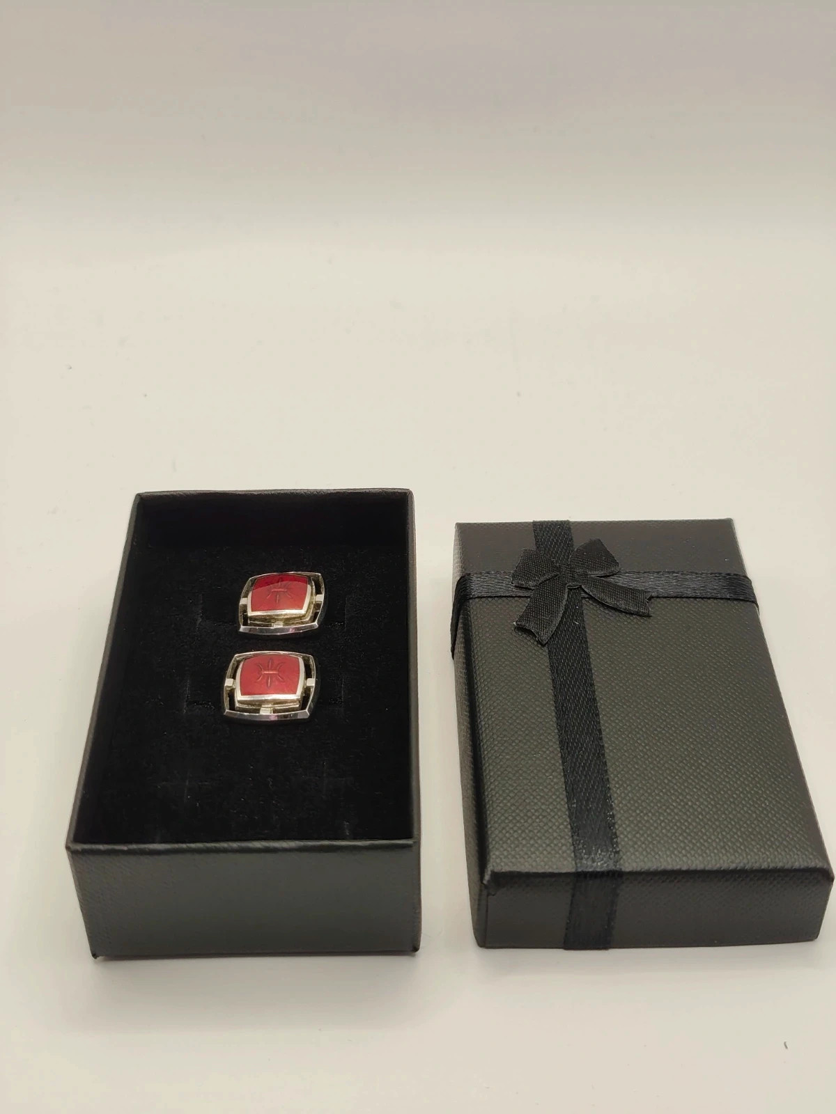 Ruby Red Enamel Cufflinks Geometric Open Frame