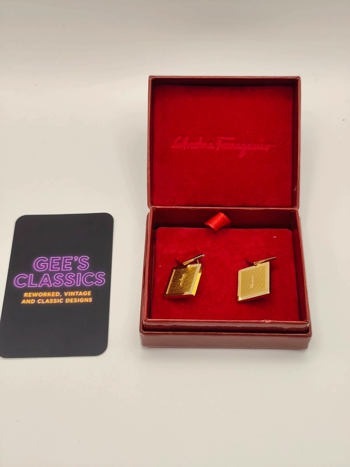 Vintage Salvatore Ferragamo Gold Tone Square Ribbed Cufflinks with Original Box