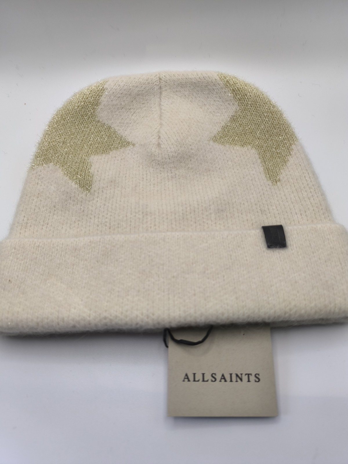 AllSaints Mens Beige and Ecru Star Beanie Brand New With Tags
