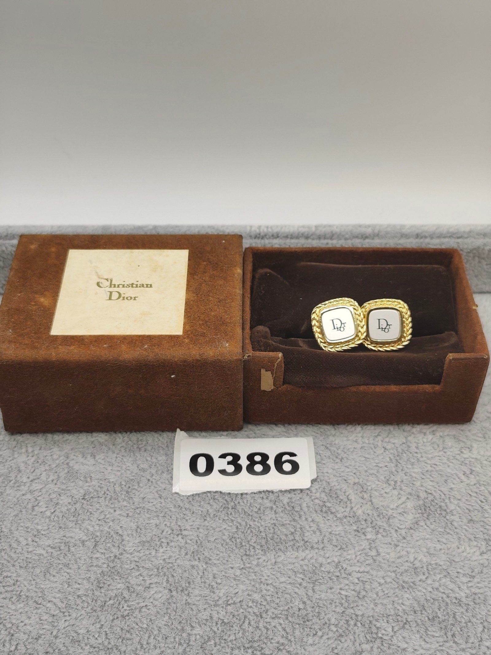 Christian Dior Gold & White Logo Cufflinks Unisex with Velvet Box