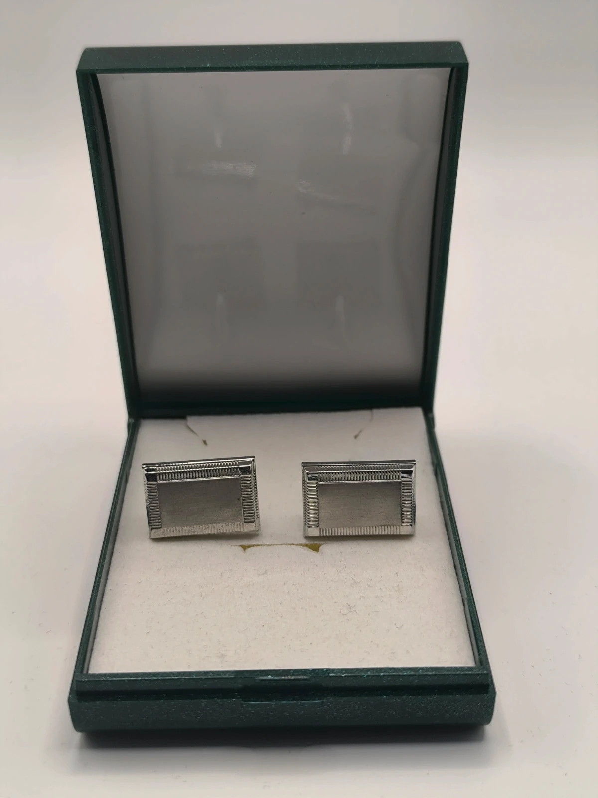 Classic Silver Tone Rectangular Cufflinks - Textured Border - Chapelle Boxed