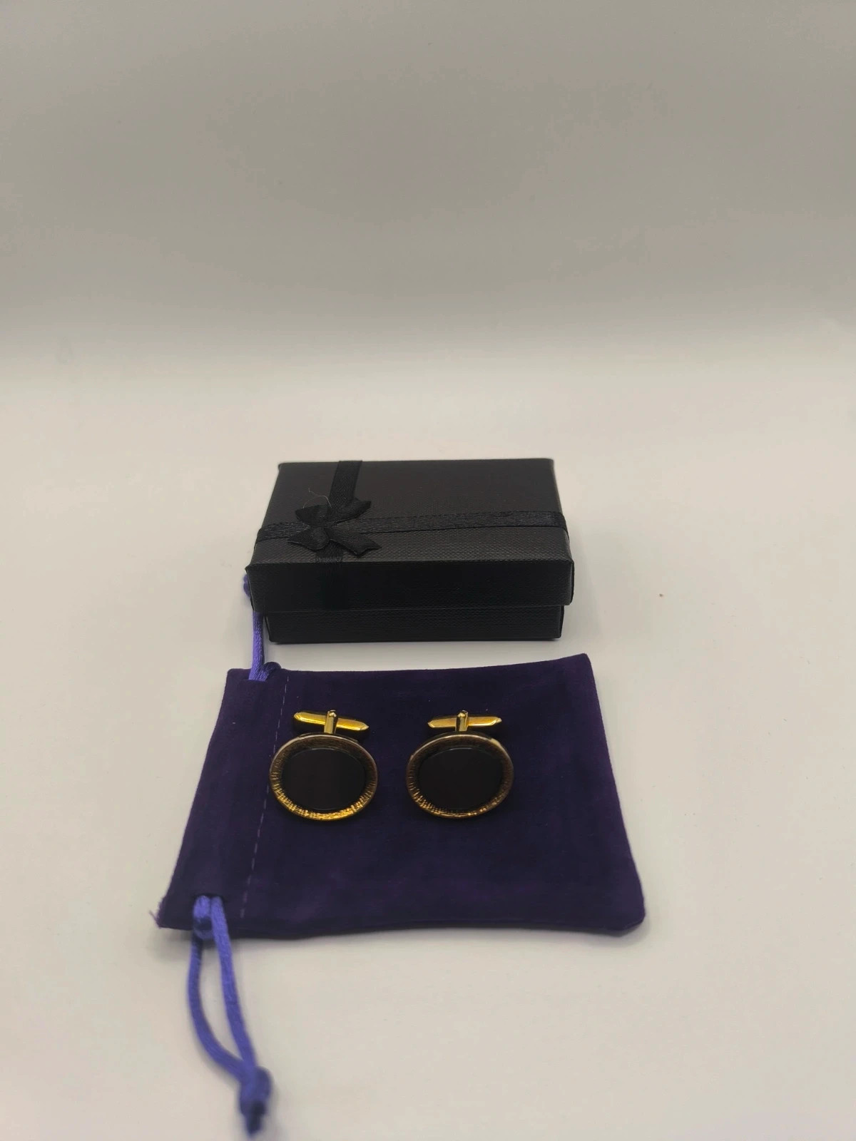 Vintage Gold Tone & Black Onyx Oval Cufflinks with Box & Pouch
