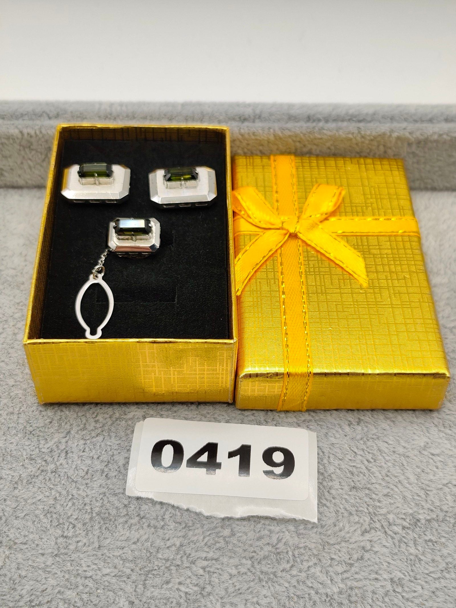Vintage Silver & Green Rectangular Cufflinks & Tie Clip Set Men Other