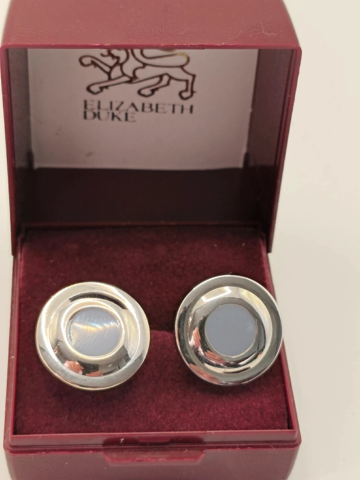 Vintage Silver Tone & Grey Stone Circular Cufflinks - Boxed