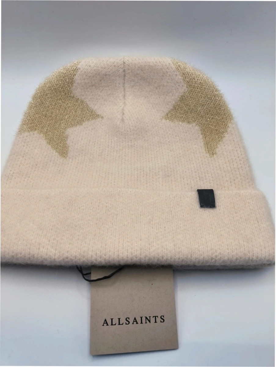 AllSaints mens beige and ecru star beanie brand new