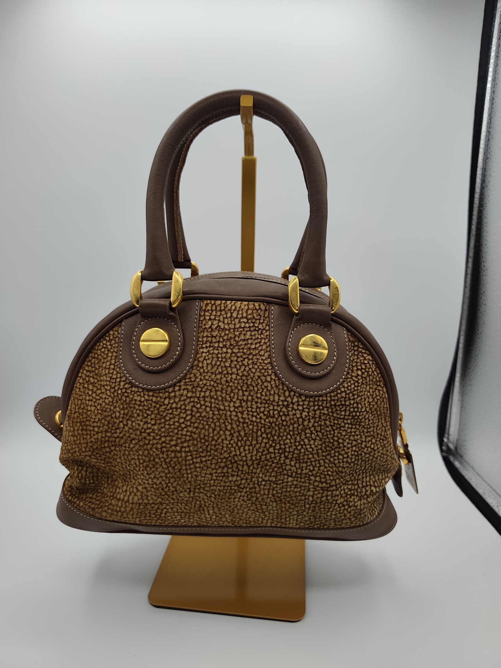 Borbonese Brown Textured Leather Handbag Other Patented Italy