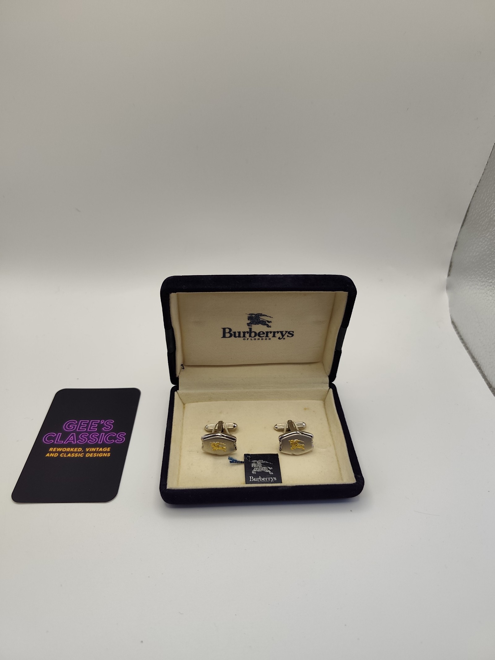 Burberrys Silver & Gold Logo Cufflinks in Velvet Box