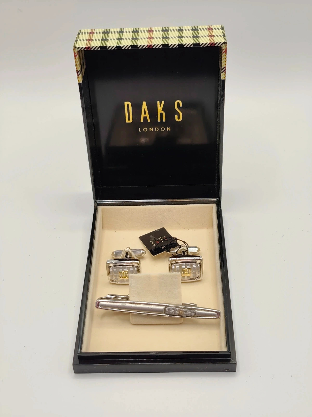 Vintage DAKS London Cufflinks & Tie Clip Set In Original Box Silver Gold Tone