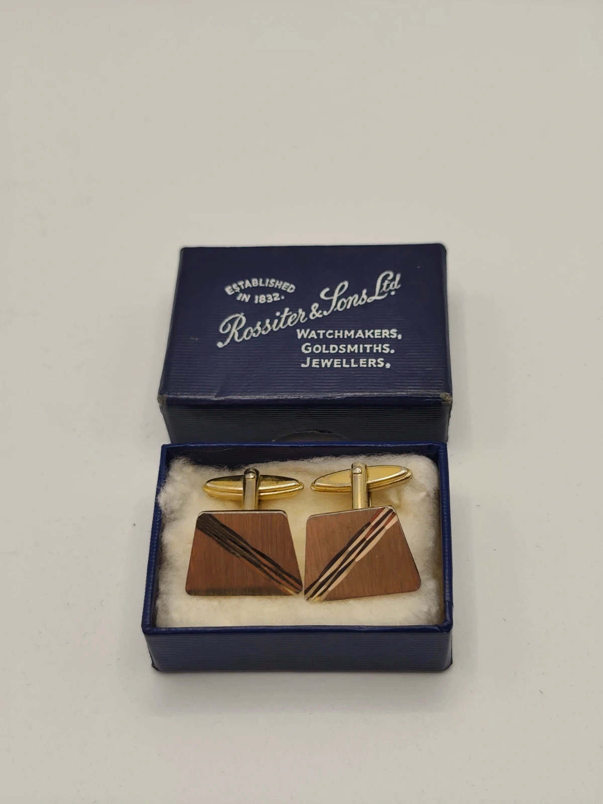 Vintage Boxed Rossiter & Sons Two-Tone Trapezoid Cufflinks Retro Textured Mid Century