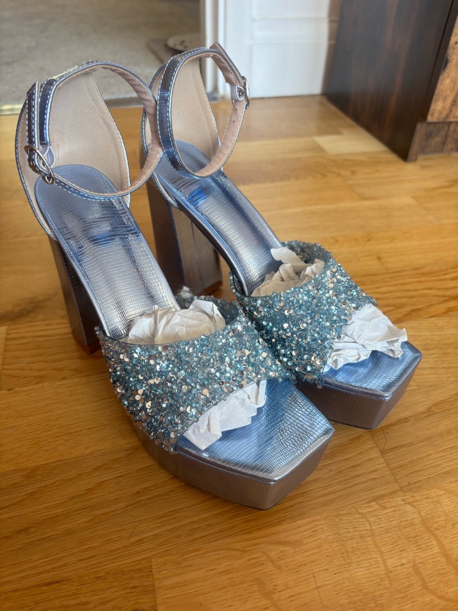 Metallic Ice Blue Sequin Platform Block Heels Size 7 / 40
