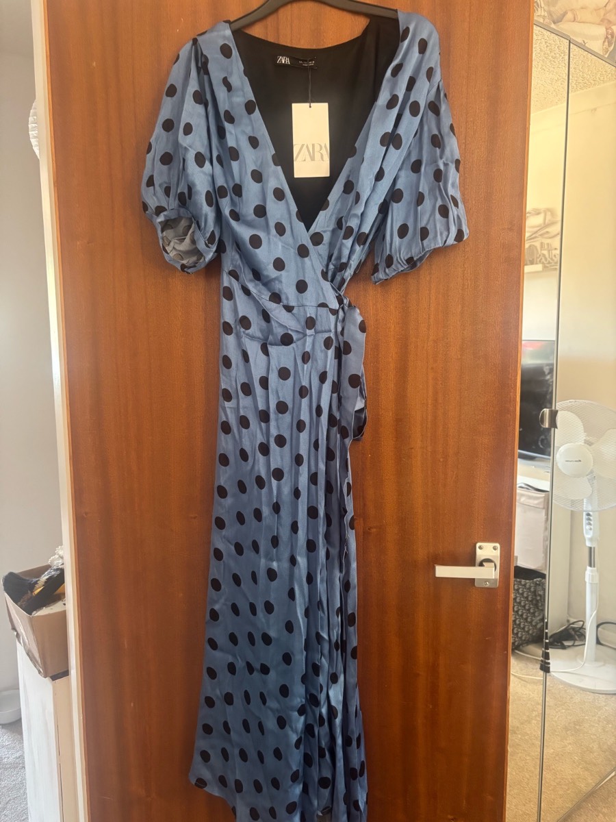 Zara Blue Polka Dot Satin Wrap Midi Dress Size L