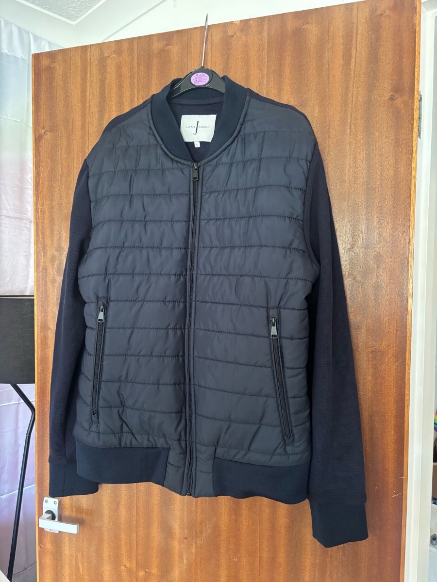 J by Jasper Conran Men’s Navy Hybrid Padded Bomber Jacket – Size L