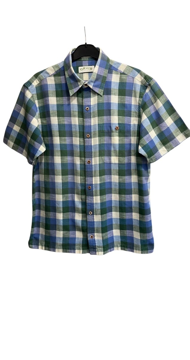 Orvis Mens Short Sleeve Shirt Large Blue Multicoloured Check Plaid Cotton VGC