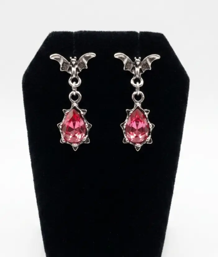 Gothic bat drop earrings with pink stones