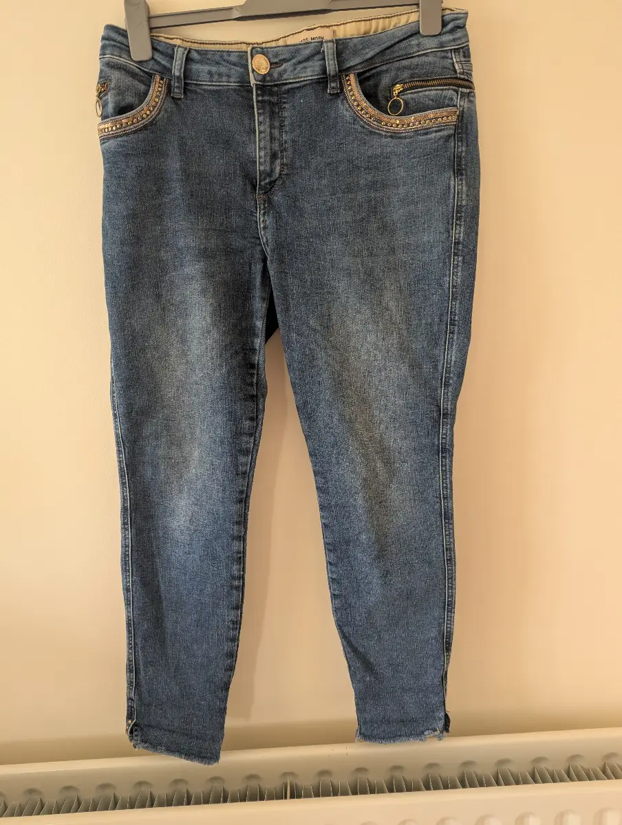 MOS MOSH Blue Medium Wash Skinny Slim Jeans Gold Studs & Sequin Detail size32