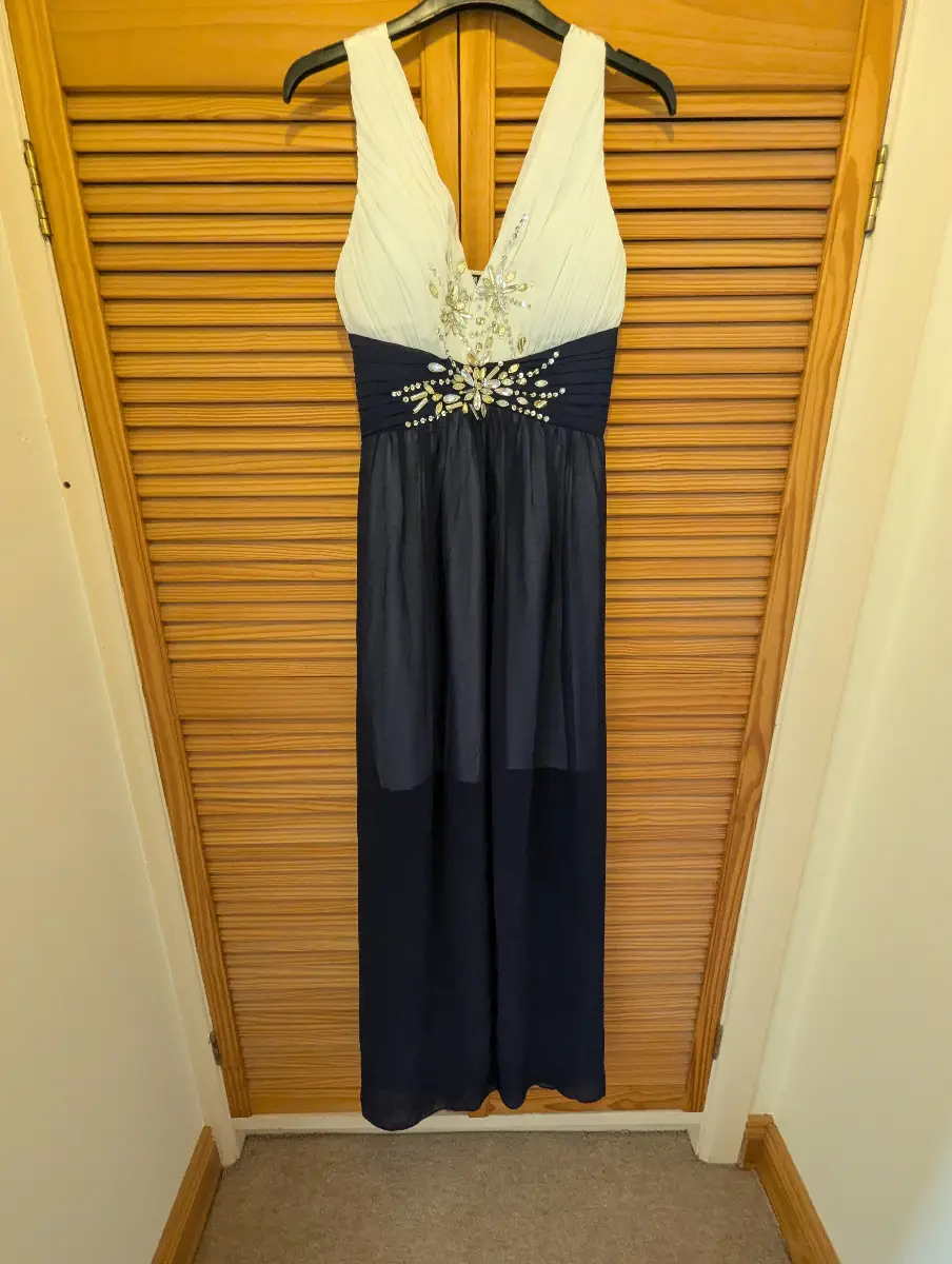 QUIZ Navy & White Embellished Maxi Dress - Size 10