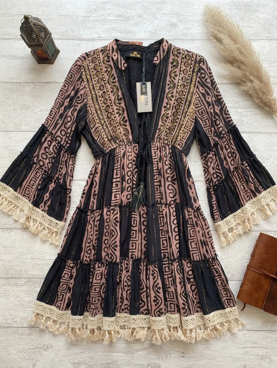 Papa pia brown/black/gold boho dress brand new one size