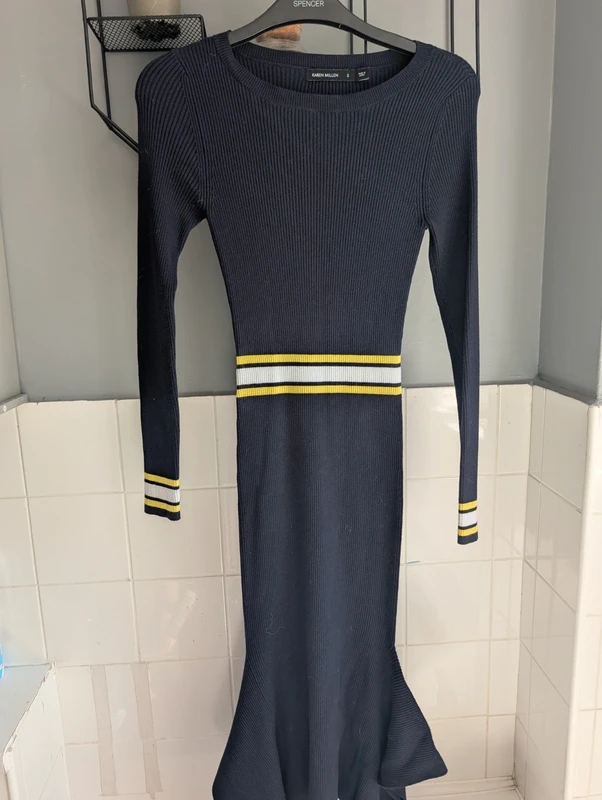 Karen Millen navy/yellow/white mermaid bottom dress size s