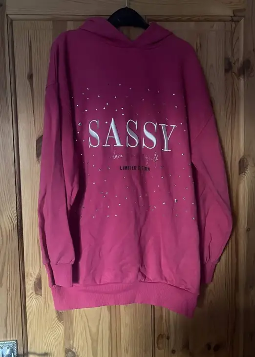 Girls Pink "SASSY" Diamanté Oversized Hoodie – Comfortable & Stylish Casual Wear 12 years