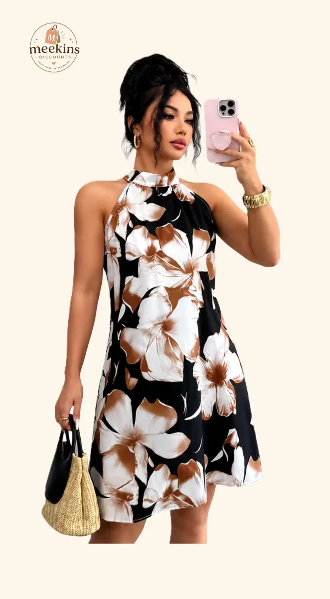 Women's Black Floral Halterneck Midi Dress – Size 16