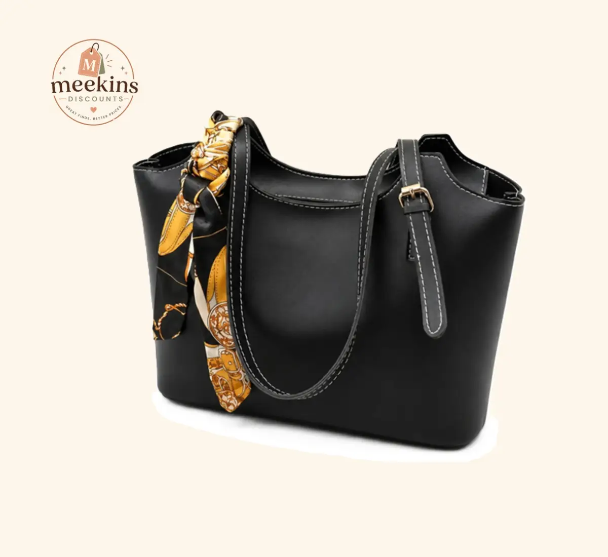Women's Black PU Leather Tote Shoulder Bag with Silk Scarf – Large Everyday Handbag