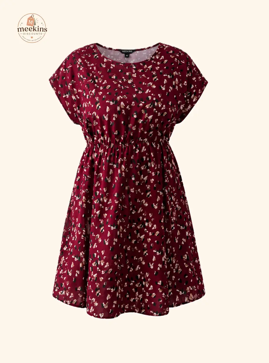 Women's Burgundy Floral Batwing Mini Dress – Casual Short Sleeve Summer Dress
