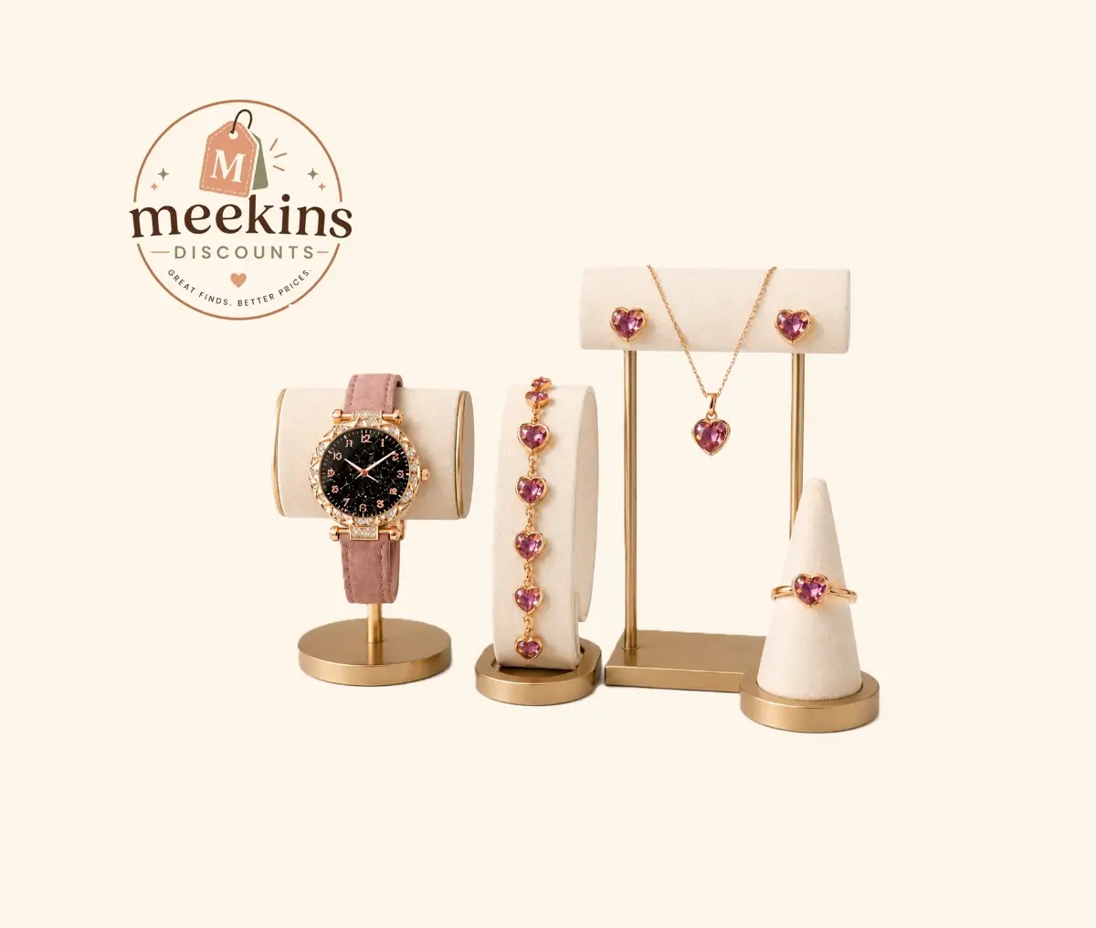 Women's 6-Piece Rose Gold Quartz Watch & Heart Jewellery Gift Set